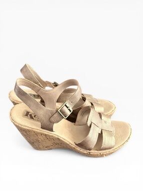 Korks by Kork-Ease Strappy Gold Leather Cork Wedge Heels Sandals Size